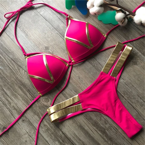 Red Swimwear Push Up Swimsuit Women Halter Biquini Padded Bathing Suit Gold Stamping Brazilian Bikini Set Thong 2021 Sexy Bikini