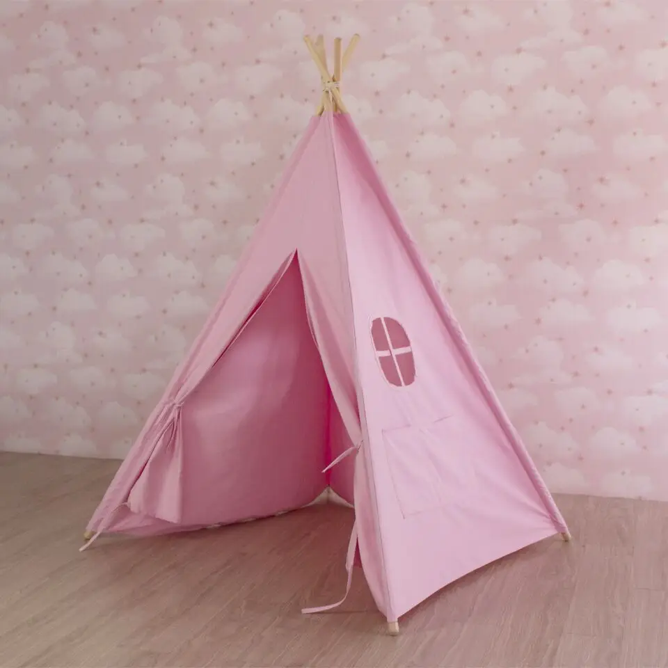pink teepee Большой небеленый холст вигвам дети вигвам с серыми помпонами индийская Игровая палатка дом Дети типи тройник Пи палатка без коврика - Цвет: pink teepee
