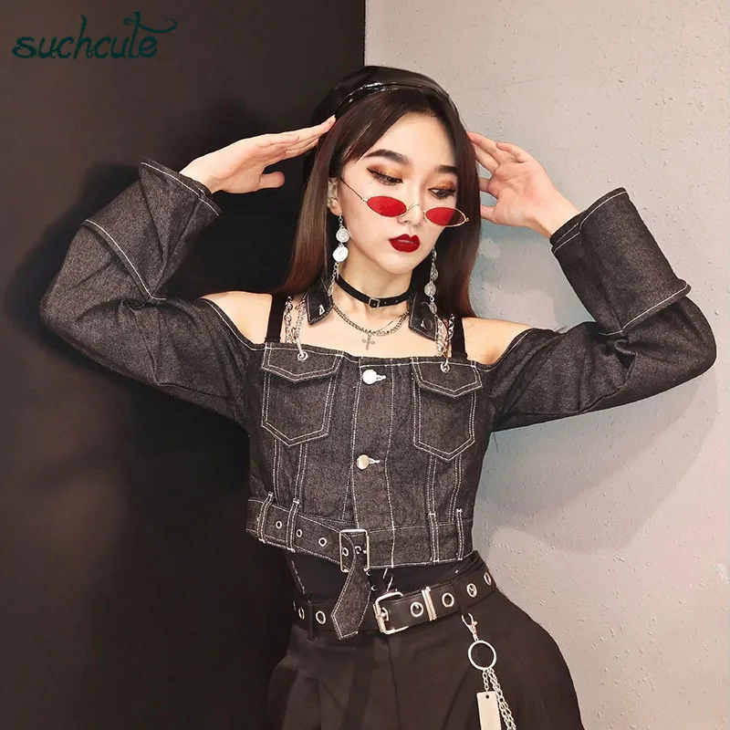 SUCHCUTE/женская футболка с металлической цепочкой, джинсовые топы с открытыми плечами, готический корейский стиль, осень, длинная повседневная одежда Harajuku