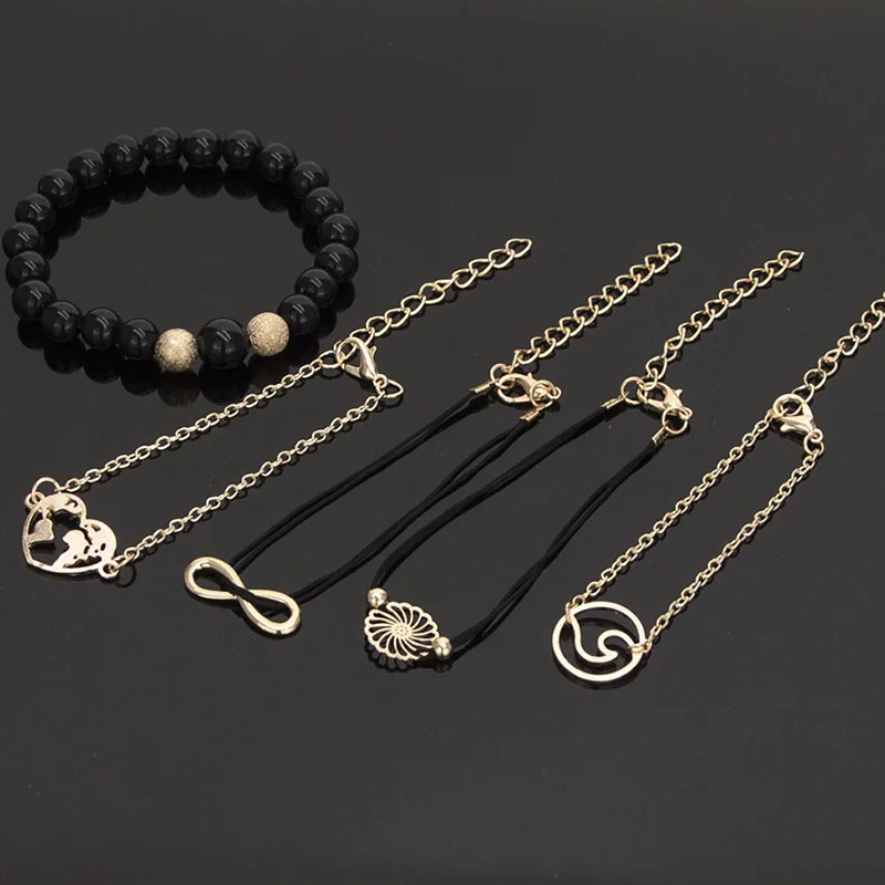 5 шт./компл. винтажные черные бусины веревка Набор браслетов полый цветок