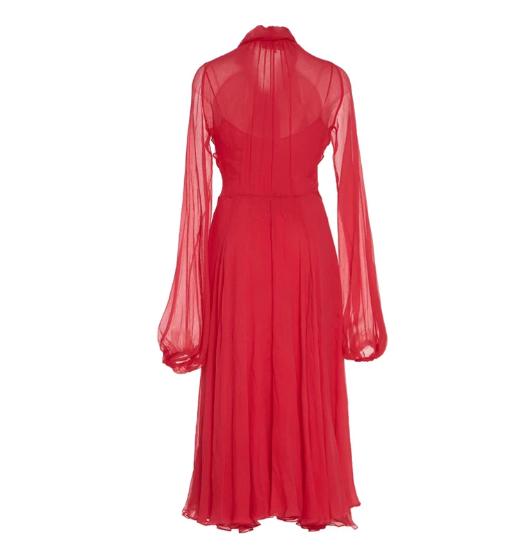 Женское красное платье COLOREE Элегантное однобортное с бантом воротником и