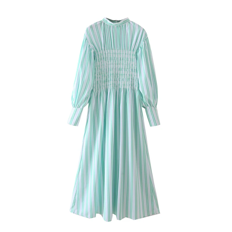 

ZA Women's Dress New Print Stripe Long Round Collar Dress Loose Temperament Restore Ancient Ways Long Skirt