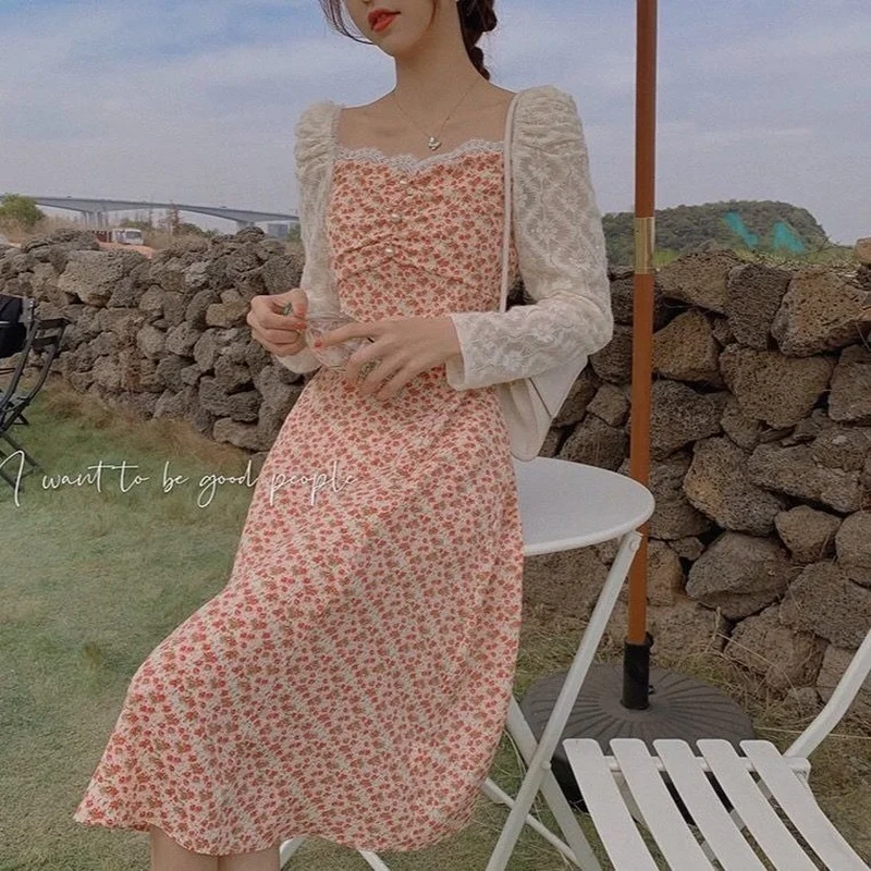 

Женское кружевное платье с квадратным вырезом, элегантное милое платье с длинным рукавом и цветочным принтом в Корейском стиле, милое винта...