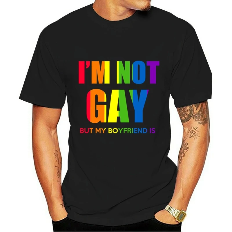 

VIP HJN I Am Not Gay But My Boyfriend Is Graphic Top Summer Men's Short-Sleeved T Shirt Rainbow Letter Printing Tees