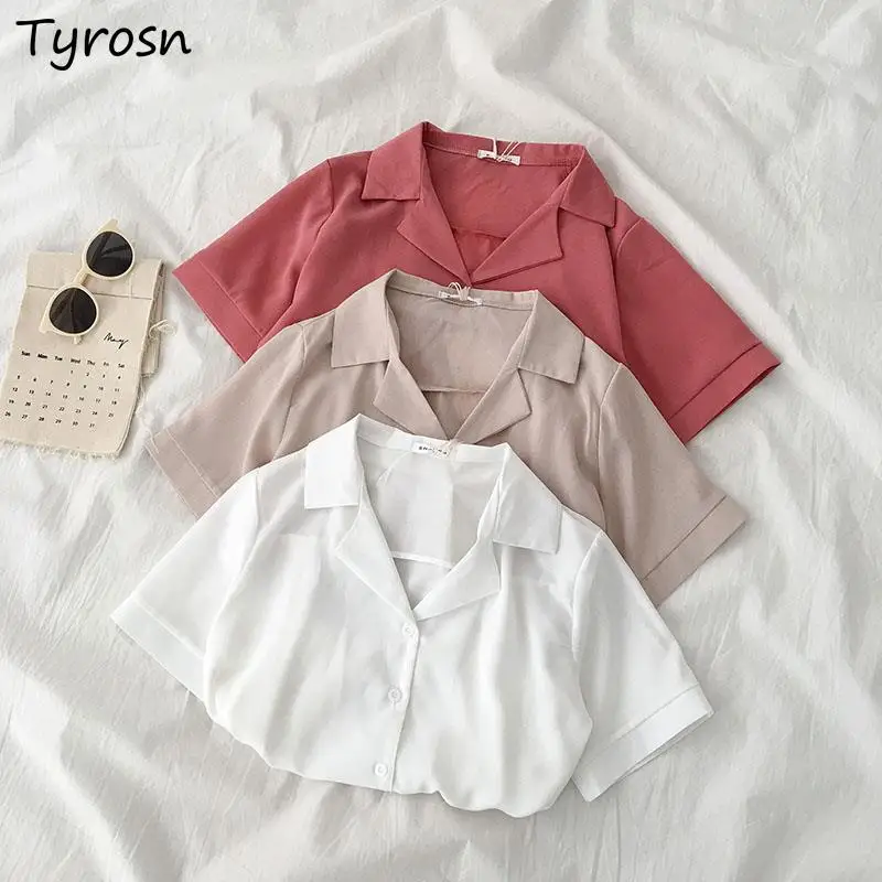 

Shirts Women Short Sleeve Solid Simple Folds Ulzzang Daily Notched Collar Temperament Elegant Sweet Lovely Girls Blouses S-4XL
