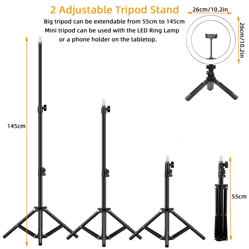 Кольцевой светильник для селфи 26 см/10 дюймов с 2 штативами и держателем