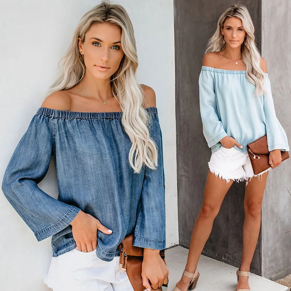 

Autumn Women's Cow Top Sexy Slash Neck Off Shoulder Long Sleeve Cow Top Denim T Shirt Female Blue Loose Casual Tops Plus Size