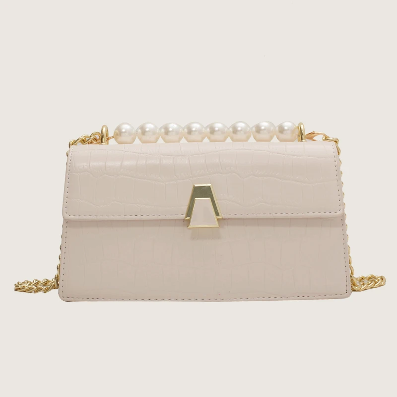 

Fashion Bread Bags Shoulder Messenger Bag Female Bags Pearl Chain Stone Grain 2021 New Trend