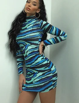 

Blue striped camouflage long-sleeved bodycon sexy dress 2020 autumn and winter women's street wear party festival dress costume