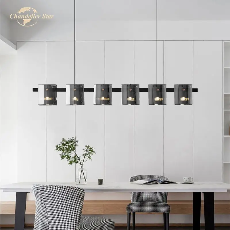 

Modern LED Chandeliers Nordic Linear Smoky Amber Glass Metal Long Pendant Hanging Lamps Bedroom Living Room Dining Room Lights