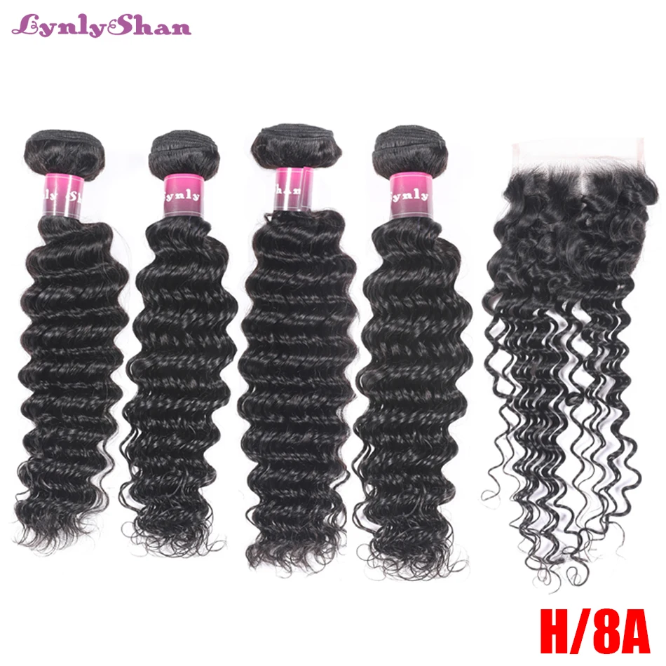 

Lynlyshan Deep Wave Human Hair Bundles With Closure 5 pcs/lot Brazilian Hair Weave Bundles With Closure Remy Hair Extension