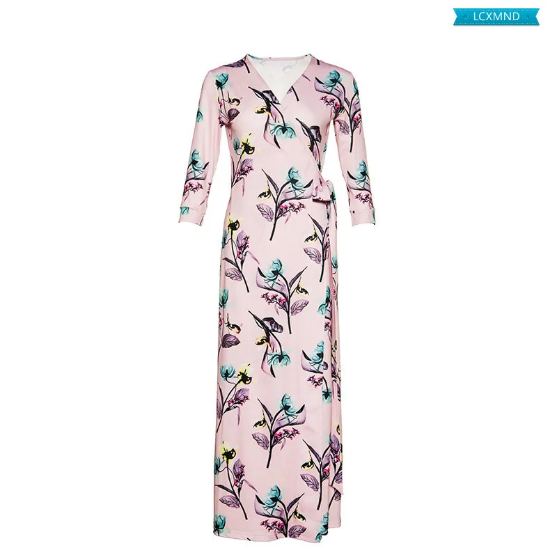 

2020 Spring/Summer New Elegant And Fashionable Knitted Lotus Leaf Printed Maxi Dress Slimming Slim-fit Wrap Dress Long Dress