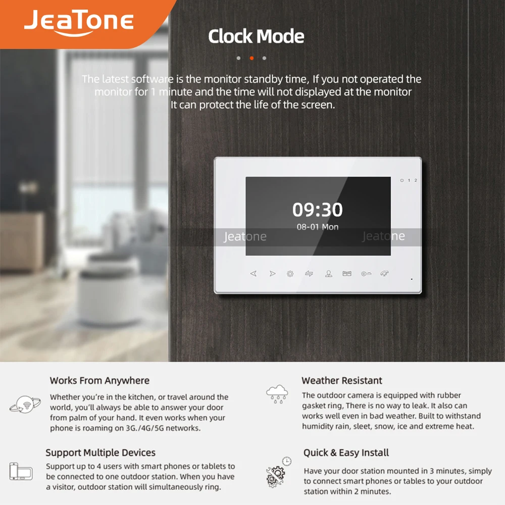 Видеодомофон JeaTone с 7 дюймовым экраном монитором Wi Fi поддержкой нескольких языков