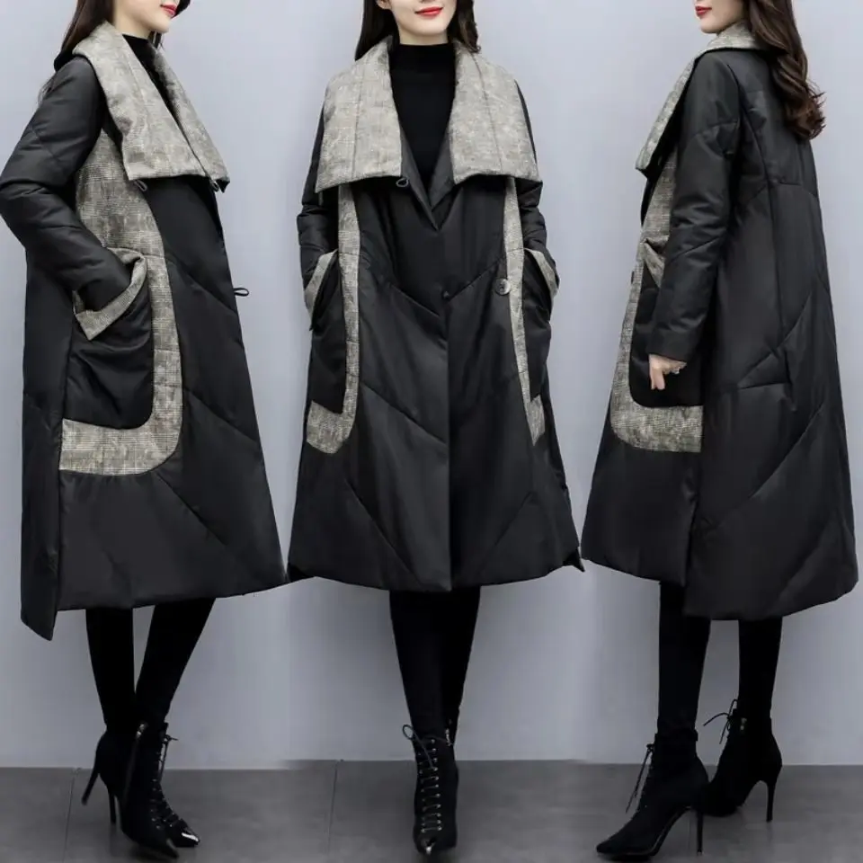 

Women PU Leather Parkas Turn Down Collar Fashion High Street Patchwork Coats Elegant Winter Thick Cotton Jackets Loose Outerwear