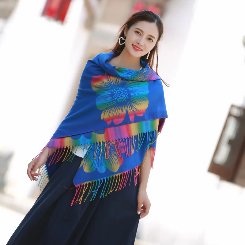 

Women Pashmina Artificial Cashmere Scarf Winter Warm Wrap Embroidery Flower Tassels Cape Oversize Shawl Ultra Long Scarves