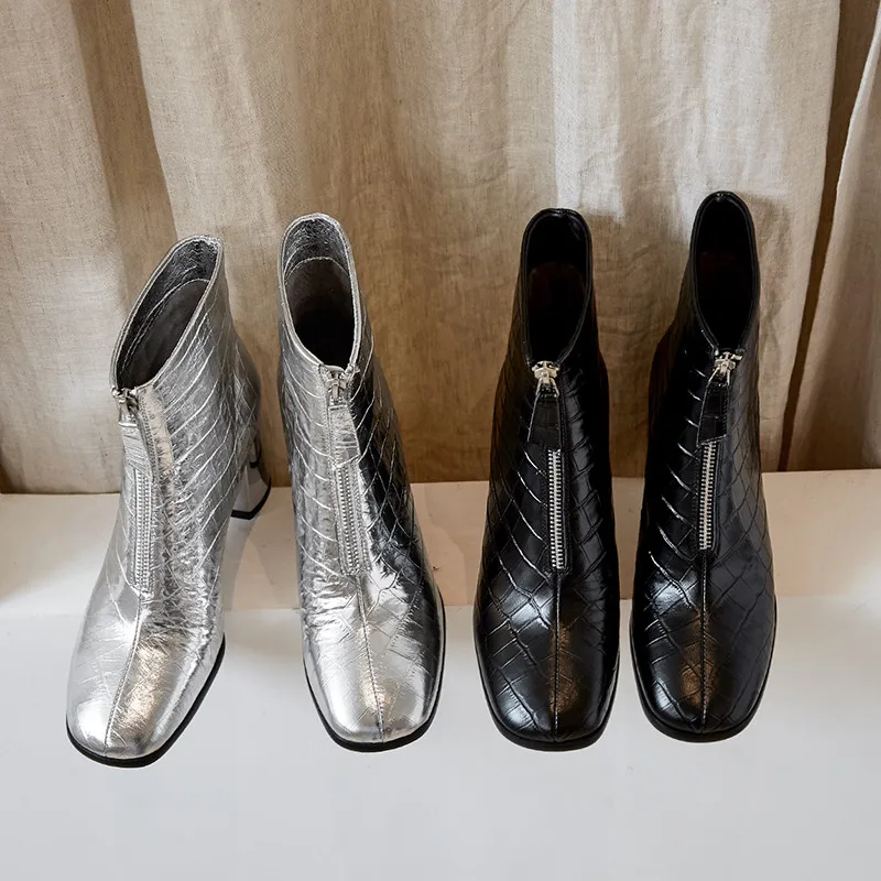 Женские ботильоны с квадратным носком ASUMER Черные из натуральной кожи на толстом