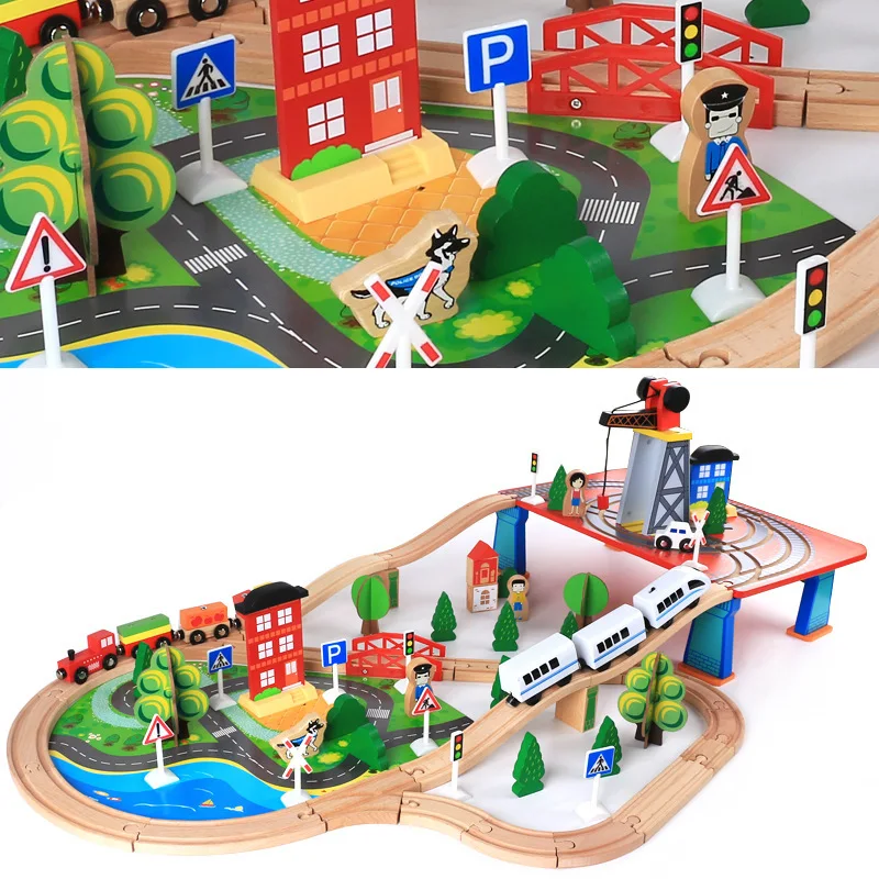 88pcs Montessori Wooden small train track set magnetic electric car head 3-7 years old boy building blocks children's toys