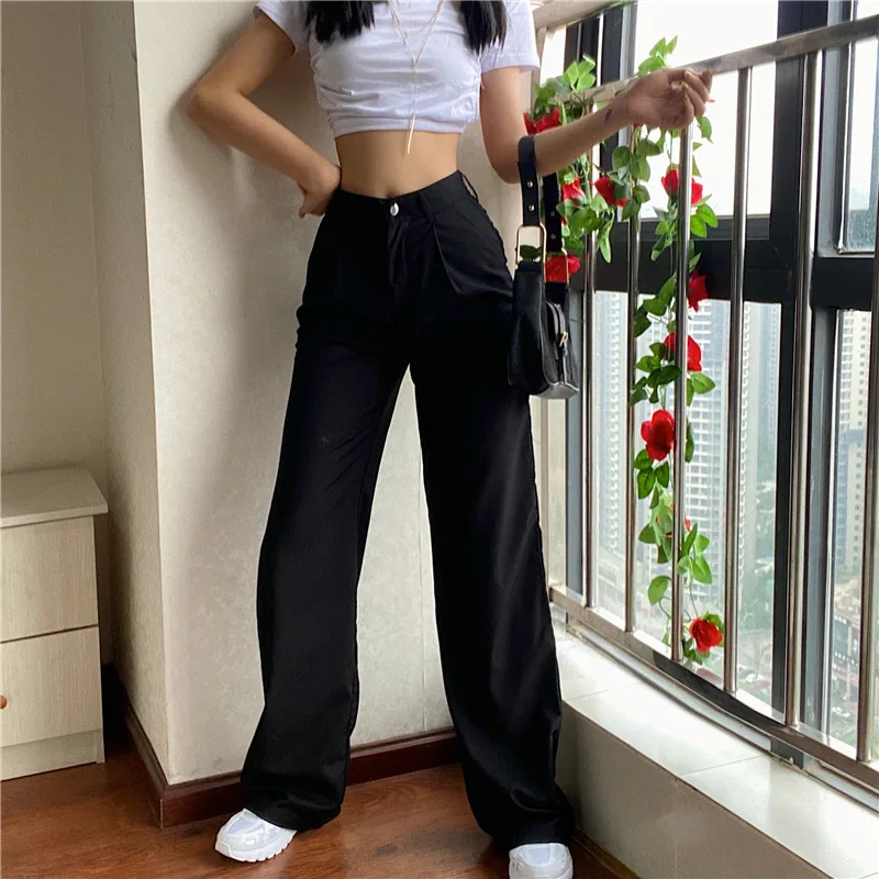 

Straight Leg Pants For Women Black Classic High Waist Femme Trousers 2021 Fashion Summer Comfort Loose Wide Leg Mom Pants New