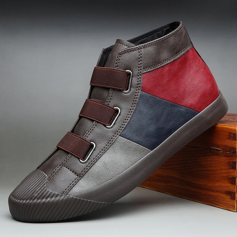 

2022 New Men Leather Shoes High Top Sneakers Mix-color Leather Casual Shoes Men's Loafers Fashion Designer Luxury Mocassin Homme