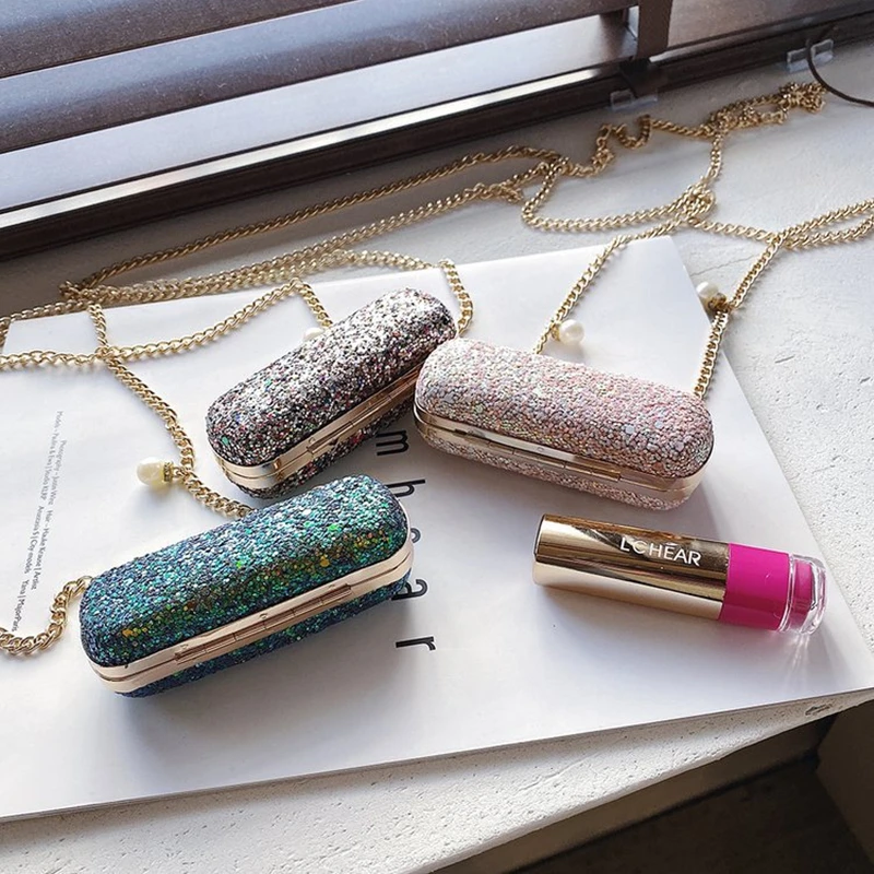 

Fashion Ladies Pearl Sequins Metal Chain Mini Messenger Bag Party Dinner Lipstick Clutch Bag for Women