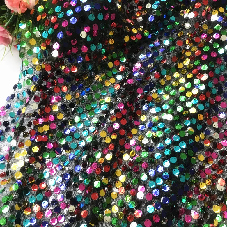 

Mix Color Drop Sequins Fabric Designer DIY Performance Dance Dress Sequins Fabric Black Mesh Fabric Tissus Au Metre 90x130cm