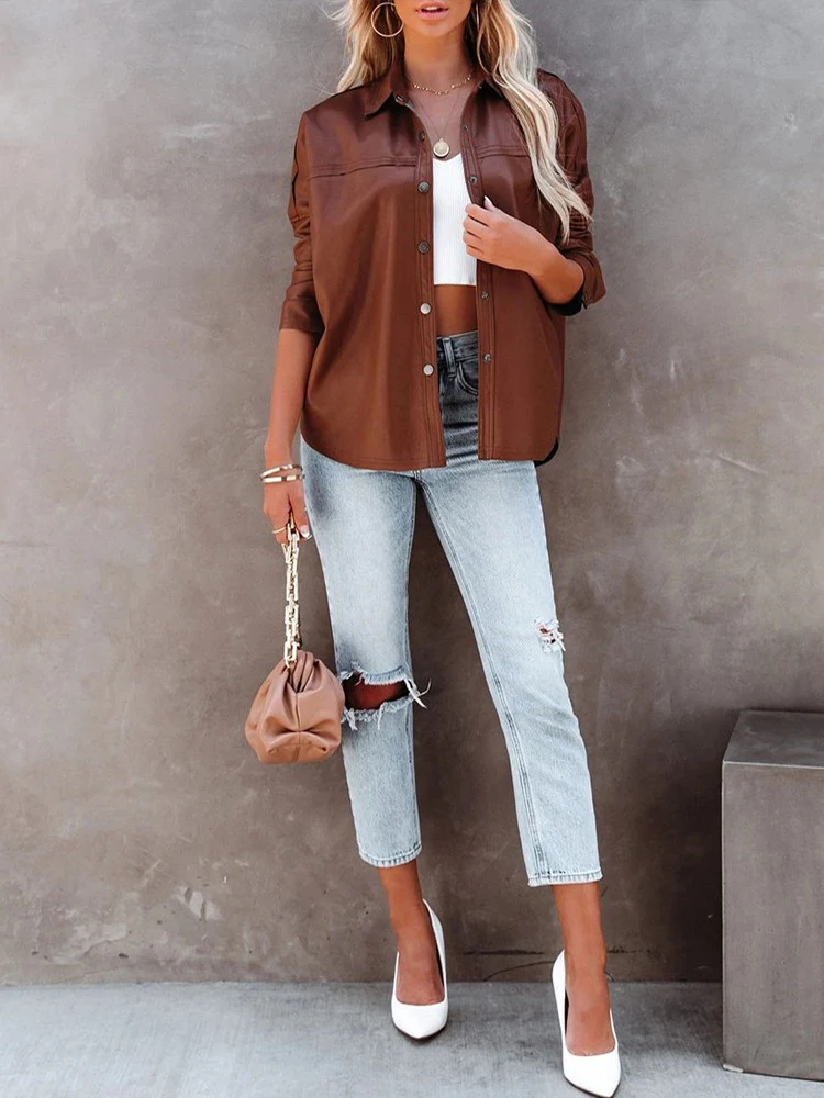 

Женские куртки Shein Romwe 2021, осенне-зимнее пальто из искусственной кожи на пуговицах с длинным рукавом, Повседневная Женская куртка