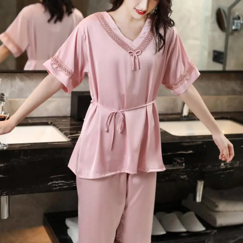 

Satin PJS Set Pajamas Casual Sleepwear Women Loungewear Nightwear Short Sleeve Shirt&Pants Patchwork Intimate Lingerie Homewear