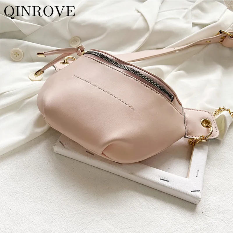 

Solid Color Crossbody Bags For Women Shoulder Bag PU Leather Female Fashion With Chains Waist Bag Pouch Small Casual Banana Bag
