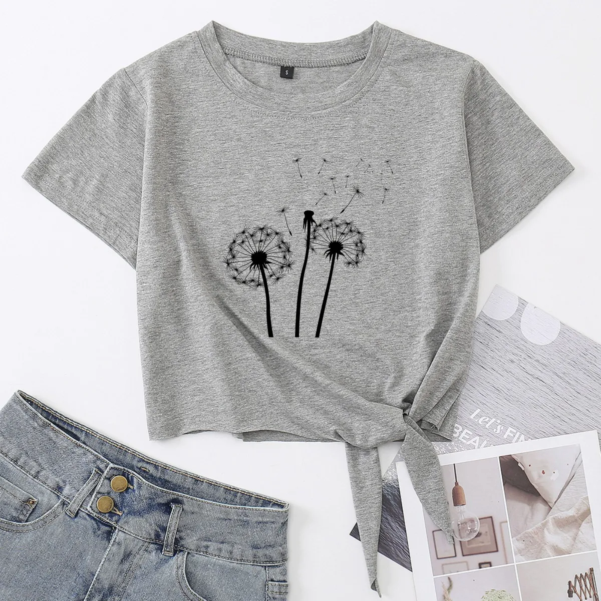 

Женский укороченный топ с рисунком одуванчика, хлопковая футболка с коротким рукавом и принтом диких цветов, укороченные топы, футболка с г...