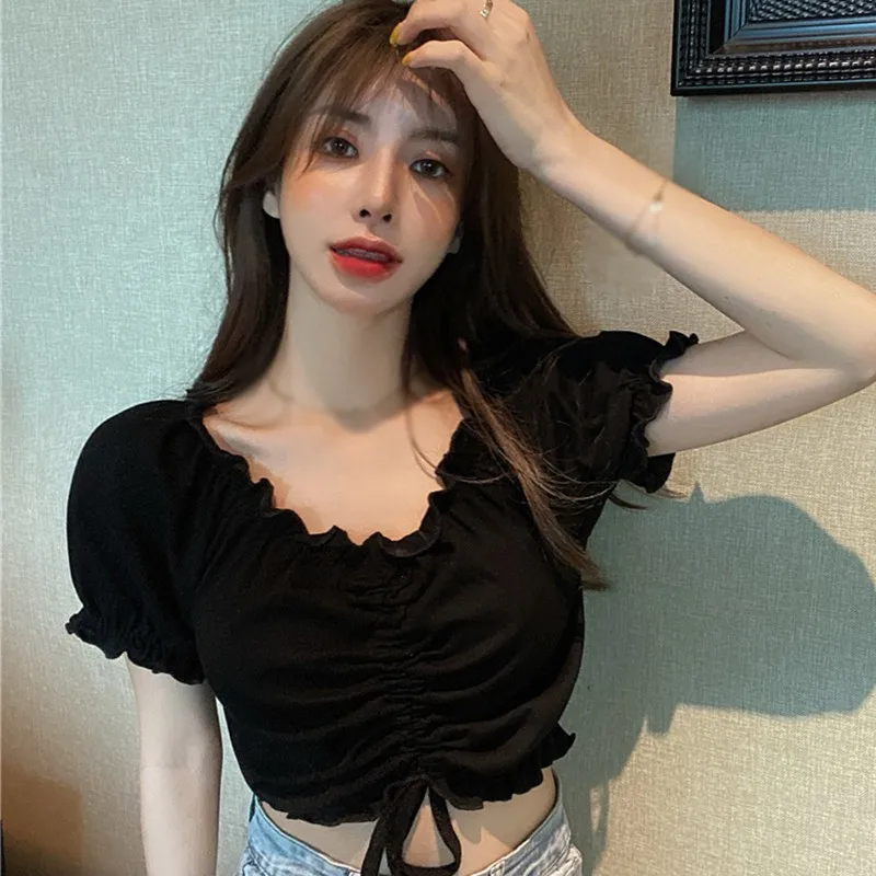 

Women Solid Color Short Blouse Sexy Slash Neck Ruffles Drawstring Fashion Wild Puff Sleeve Crop Tops Feminina