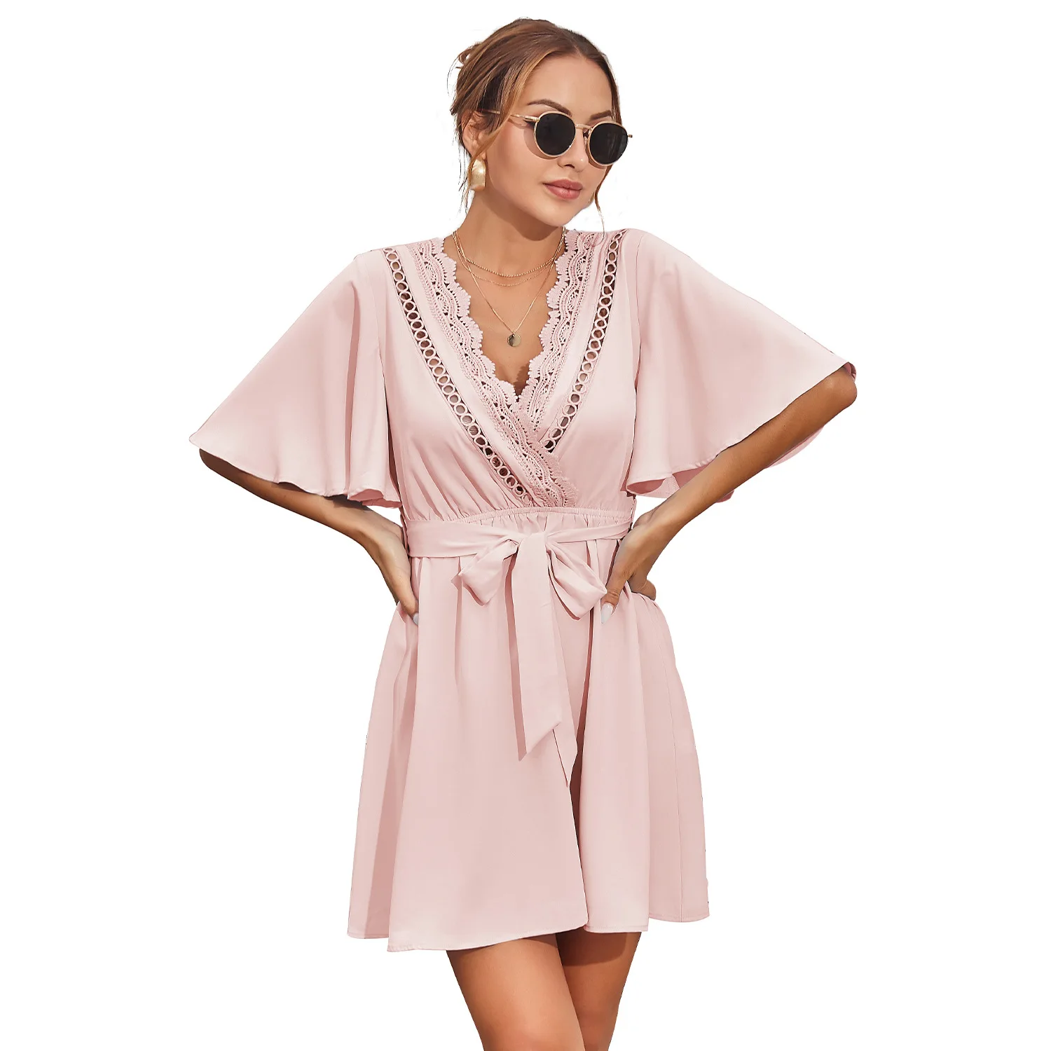 

Lace stitching deep V neck Beach Dress Summer 2021 Vintage solid color mini dress for womens A-LINE beachwear dress vestidos
