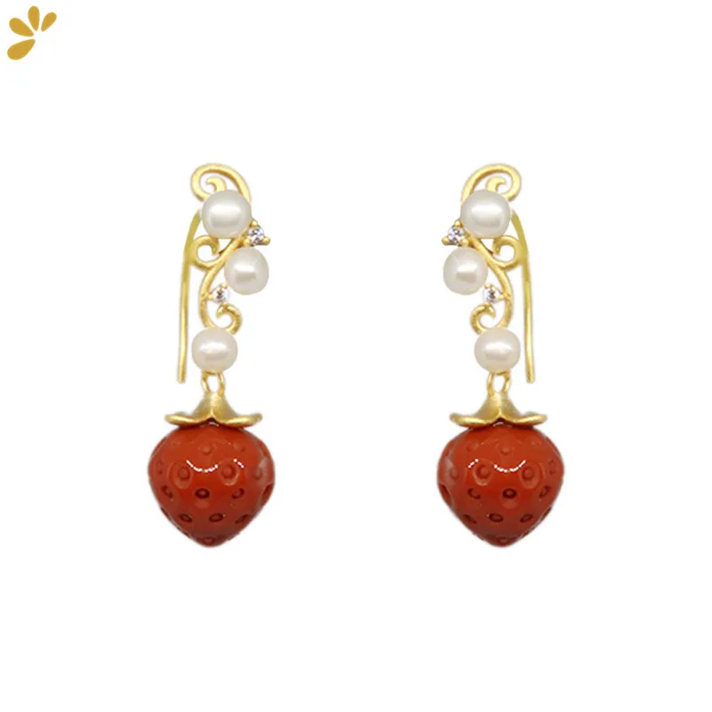 

925 Sterling Silver Gold Plated Natural Agate Pearl Strawberry Red Earrings For Women Girls 2021 Spring Trend Fashion Earring