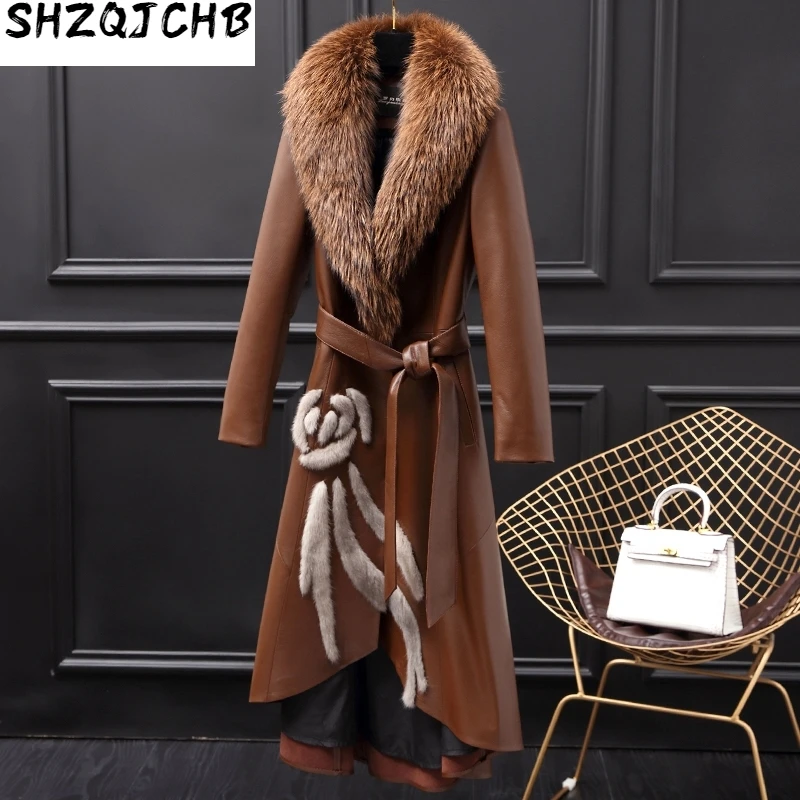

JCHB 2021 Genuine Leather Jacket Women Sheepskin Duck Down Winter Coat Woman Fox Fur Collar Windbreaker for Womens Clothing SNA1