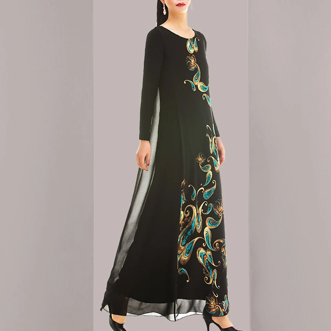 Женское шифоновое платье из модала и хлопка, платье большого размера с длинным рукавом и принтом в мусульманском стиле, осень 2021