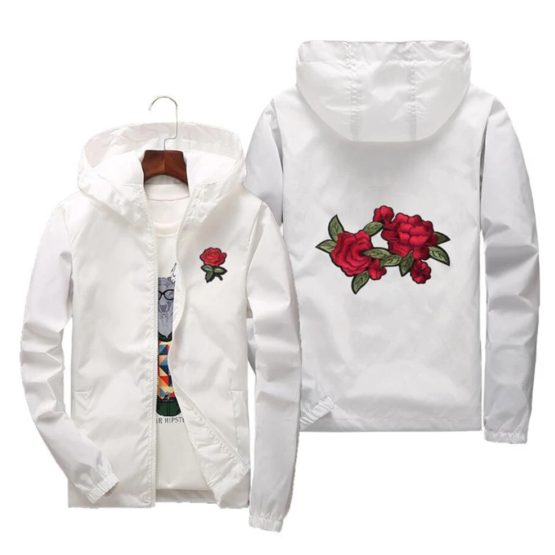 

Rose Jacket Windbreaker Men Women Kids Family Jacket New Fashion White And Black Roses Embroidery Outwear Coat Plus Size 7XL