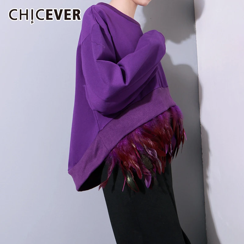 Женская толстовка с перьями CHICEVER Повседневная Свободная Толстовка круглым