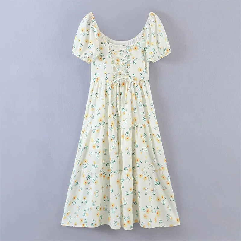 Été femmes Robes Floral Imprimé Princesse Robe Midi À Manches Bouffantes Taille Haute Robes Mujer Plage Sexy À Lacets robe Lâche