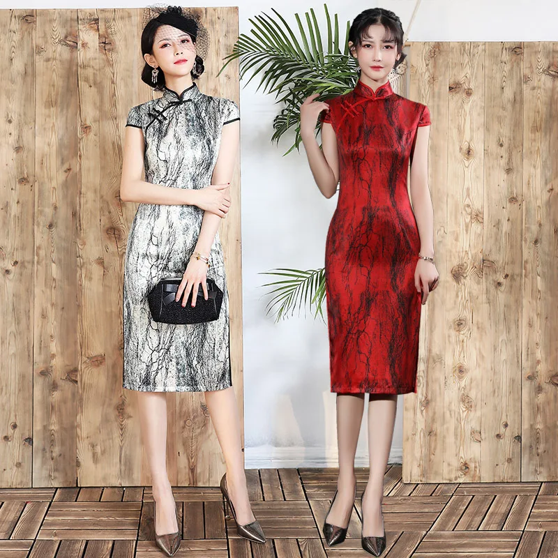 Новое шелковое платье-Ципао для девушек повседневное облегающее длинное