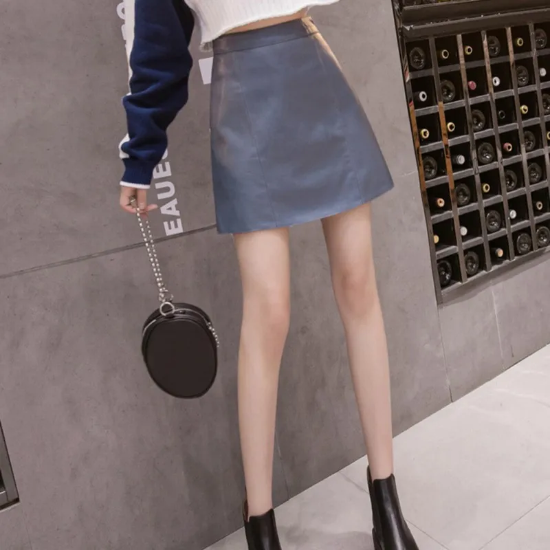 

Women Skirts Above Knee Mini Women's elastic waist PU Faux leather skirt Jupe Femme Faldas Mujer K