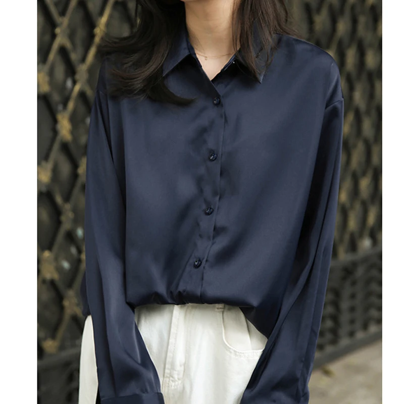 

Satin Shirt Womens Elegant Blouse Women Fashion Long Sleeves Satin Blouse Vintage Femme Stand Street Shirts