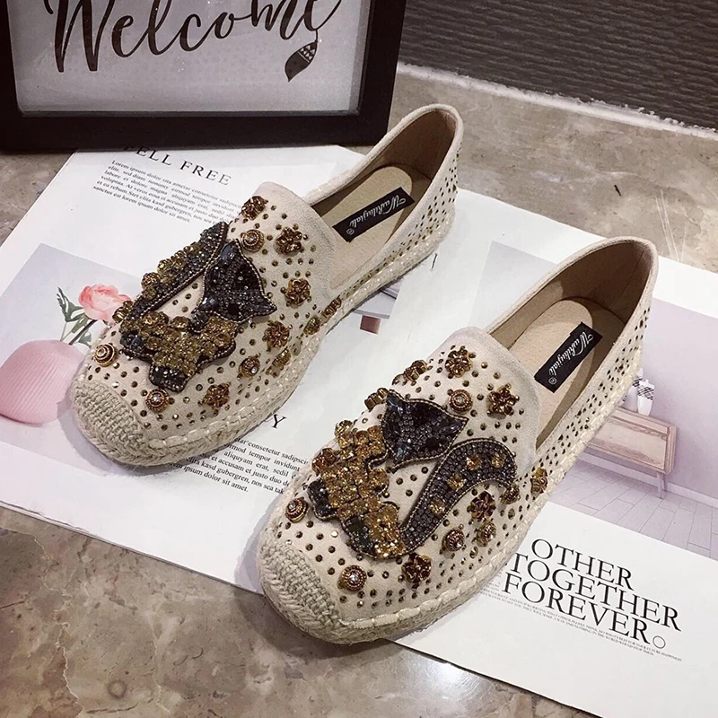 101Beige Fashion Hemp Loafers Women Espadrilles Flats Shoes Sewing Rhinestone Round Toe Ladies Casual Moccasins Slip On Brand Style New - Цвет: 101Beige