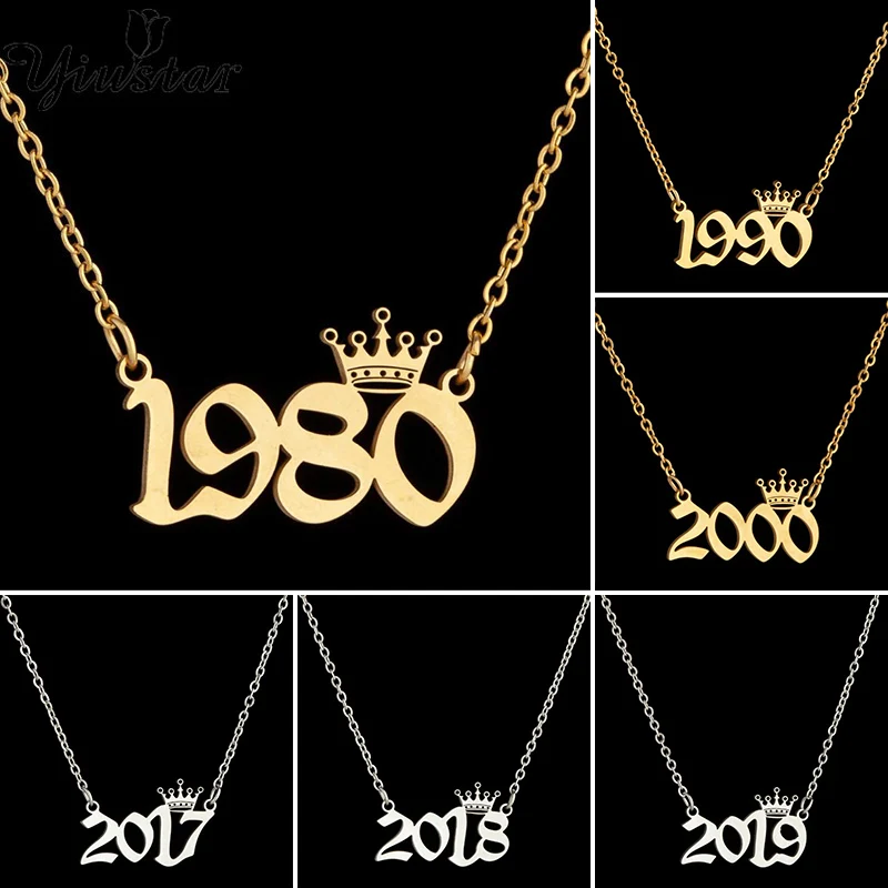 

Boho Punk Birth Numer Necklace Stainless Steel Choker Gold Chain Tiaras Crown Year Charm Necklaces 1980 1981 1982 Collars Gifts