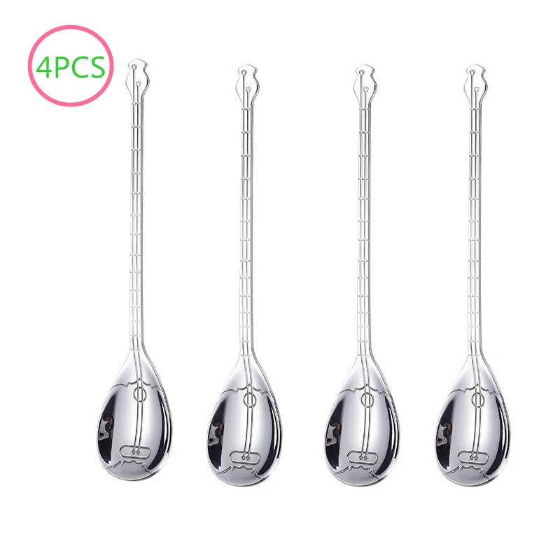 long silver spoon Креативный Гитарный комплект кофейных ложек из нержавеющей стали, десертная ложка для мороженого, чайные ложки, кофейные аксессуары, столовые приборы, инструменты для питья - Цвет: long silver spoon