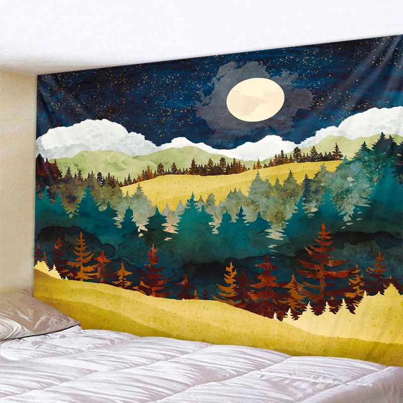 

Abstract mountain painting, sunset tapestry, mountain forest, hippies, Mandala, landscape painting, home decoration, pendant