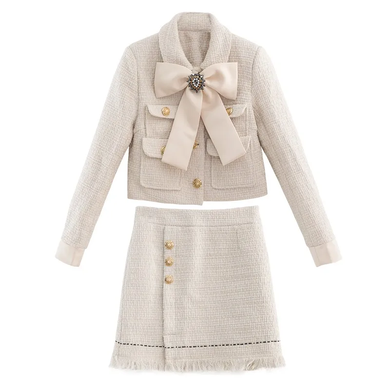 

Spring Office Ladies Matching Set Outfit Autumn Sweet Slim Fit Bowknot Jacket Mini Tassel Wrap Skirts Women Tweed Two Piece Sets