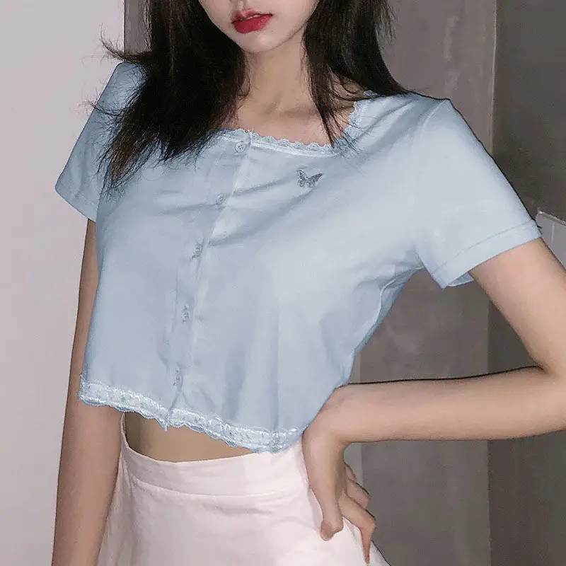 

T-shirts Women Summer Butterfly-embroidery Crops Female Causal Lace Design Popular Ulzzang Preppy Style Sweet Girls Chic Newest