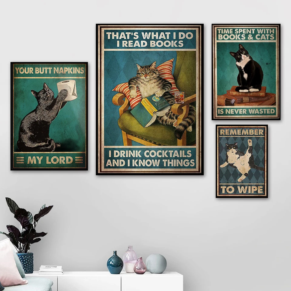 

Забавный постер с животными, подарки для любителей домашних животных, холст, картина, ретро, кот, портрет, художественный принт, детская Наст...