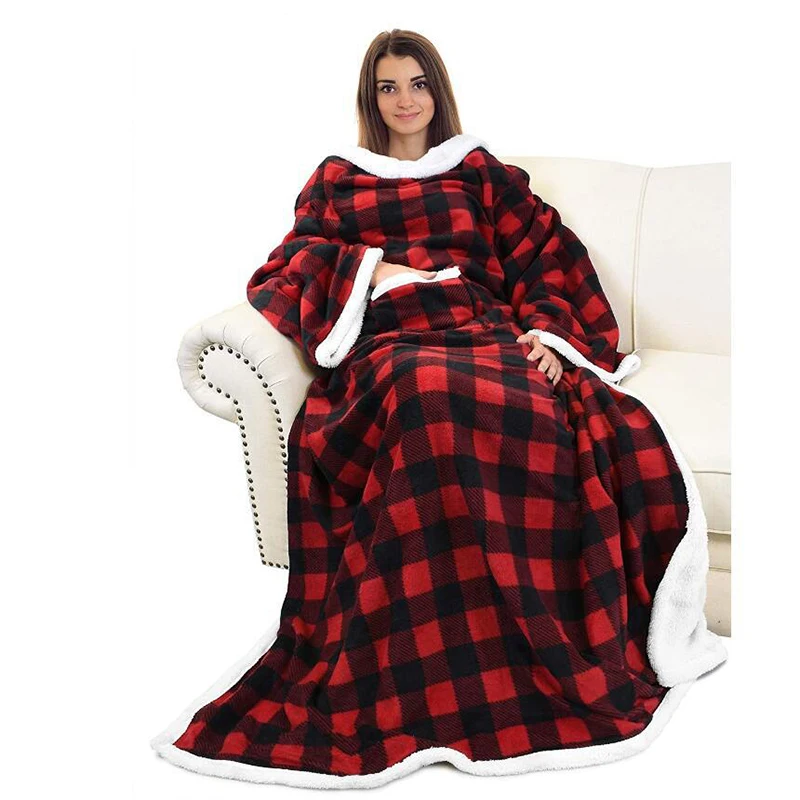 

Мягкое фланелевое одеяло с рукавами для взрослых, зимнее теплое флисовое утяжеленное одеяло с капюшоном, плюшевое пушистое переносное одея...