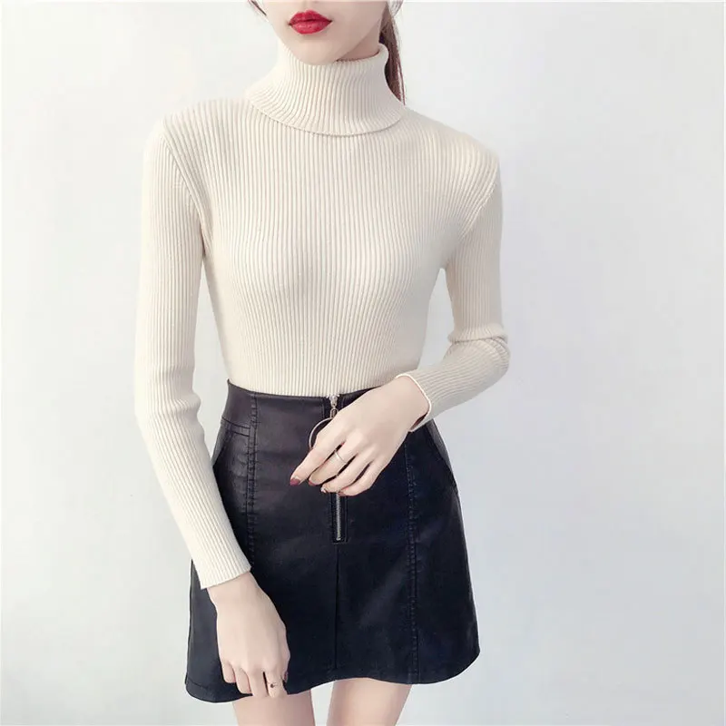 2019 осень и зима новый тонкий пуловер с высоким воротником для похудения вязаный