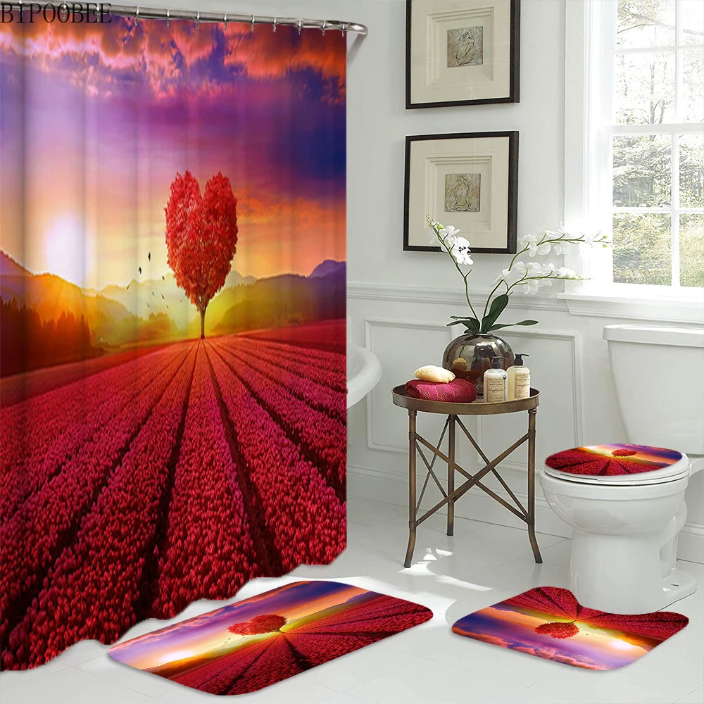 

Love Tree Pattern Toilet Cover Non Slip Carpet Modern Bathroom Curtains with Hooks Dusk Scenery Shower Curtain Set Bath Mats Rug